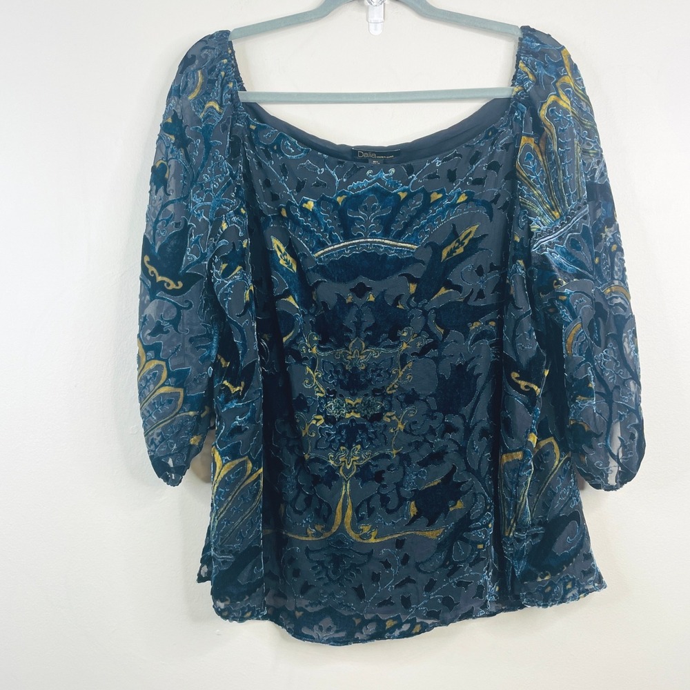 Vintage Y2K Burnout Velvet Peasant Top Women Large Blue Boho Indie Holiday Party